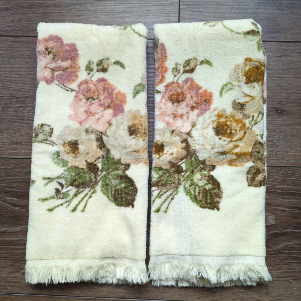 Vintage Cannon Royal Family 4pc Towel Set Yellow Floral Rose Fringed Bath Hand